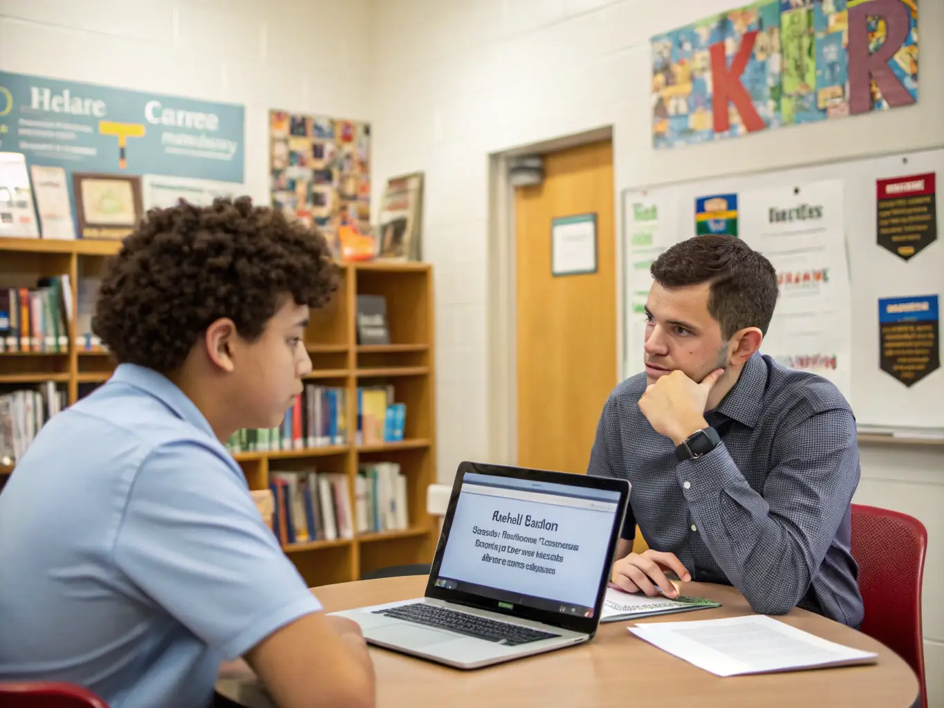 An athlete receiving guidance from a career counselor, discussing potential career paths and strategies for professional transition, set in a modern office environment.