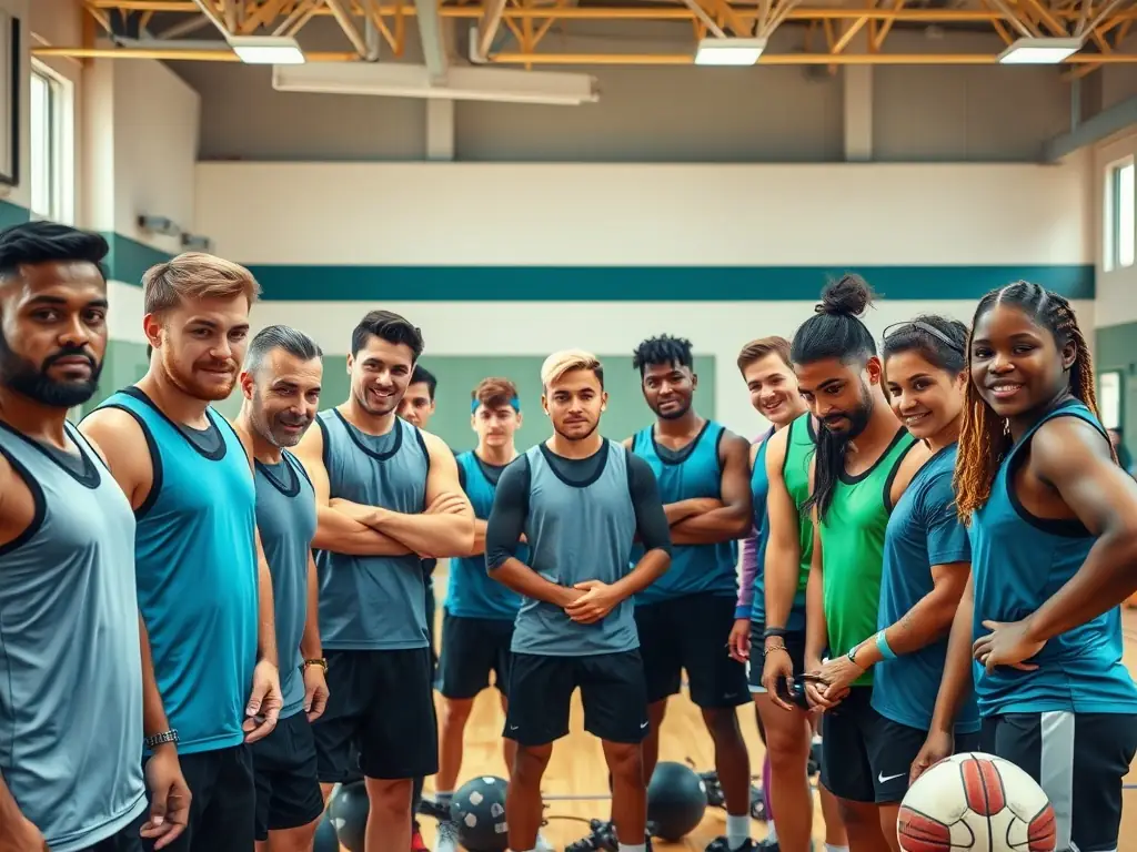 A diverse group of young athletes participating in a team-building exercise, laughing and supporting each other, set against a backdrop of a modern sports facility.