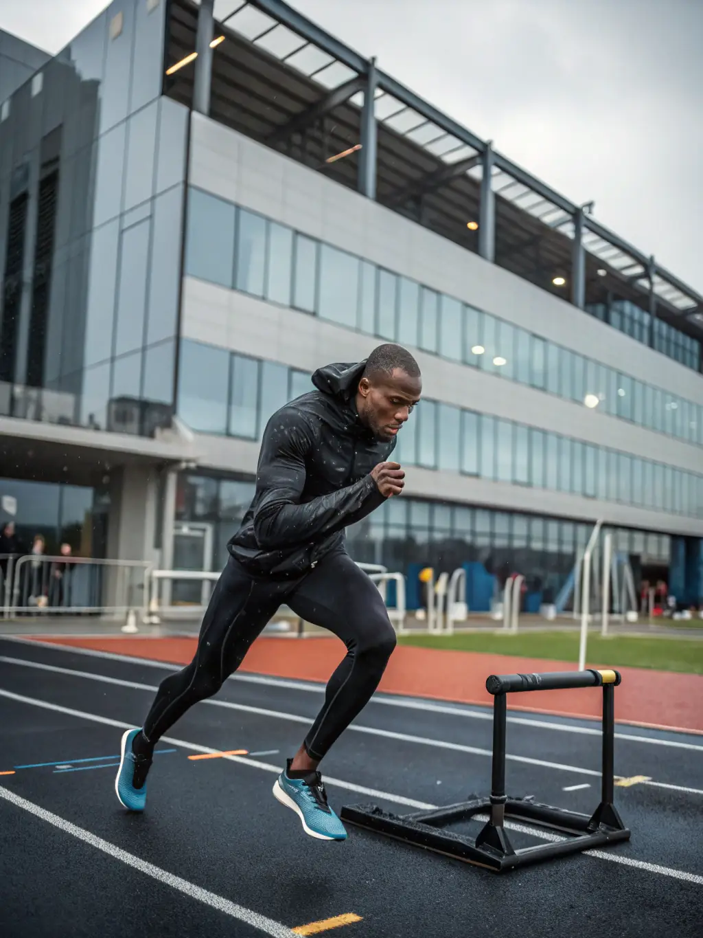 A young athlete is participating in a SPORT TEAMS PARTNER training session, focusing on improving their agility and speed, set against a backdrop of a modern sports facility.