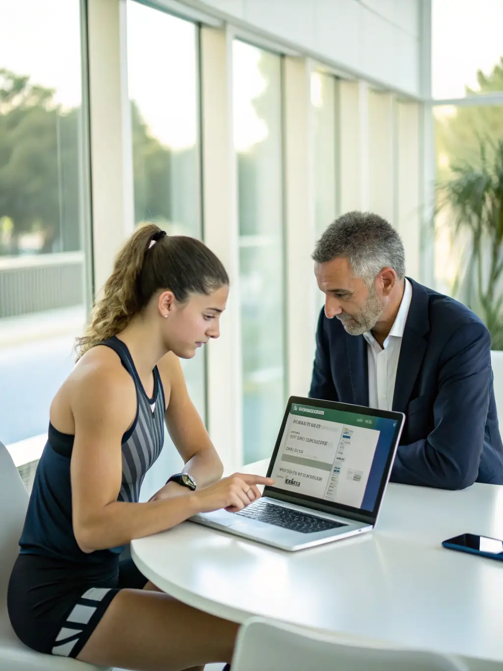 A SPORT TEAMS PARTNER mentor is guiding a young athlete through a career planning session, discussing their future goals and providing guidance on professional development.