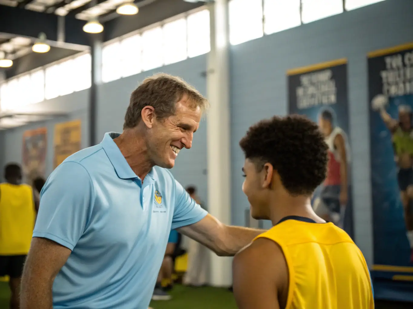 An image illustrating a former athlete mentoring a young athlete, representing the support and guidance provided during the professional transition and reconversion phases.